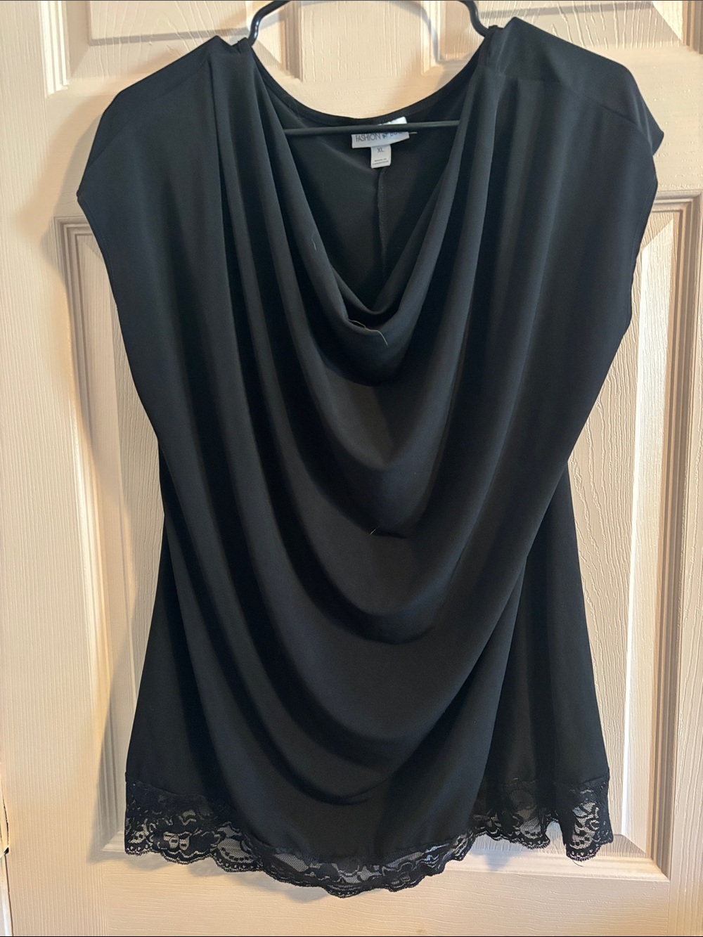 Fashion Bug Black Drape Neck Lace Hem Blouse